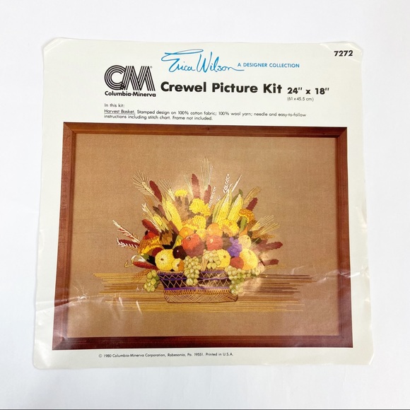 Crewel Picture Kit Harvest Basket #7272 VTG 1980 Columbia Minerva Erica Wilson - Picture 1 of 6